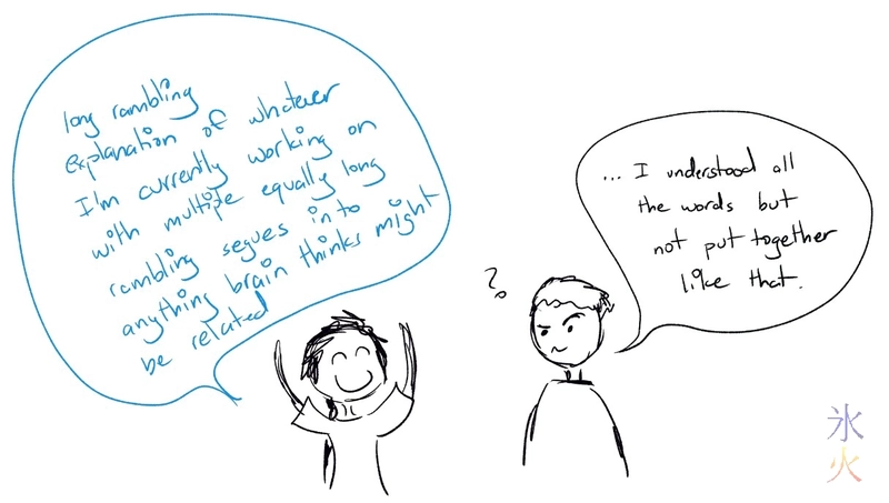 cartoonish sketch of me rambling at J who has no idea what I'm talking about