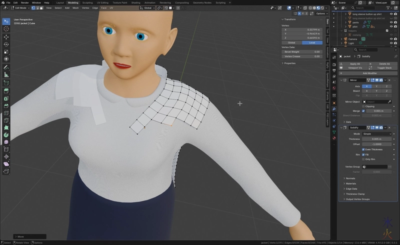 dubious looking topo flow on the front of a jacket in Blender 5