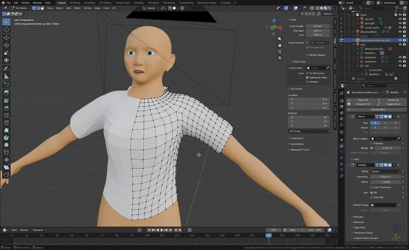 modelling long sleeved shirt in Blender 5