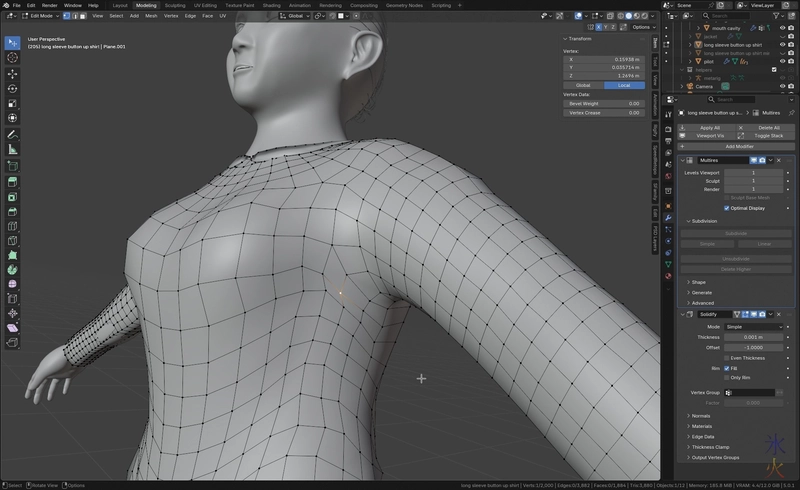 screenshot of tedium progress trying to fix shape of shirt in Blender