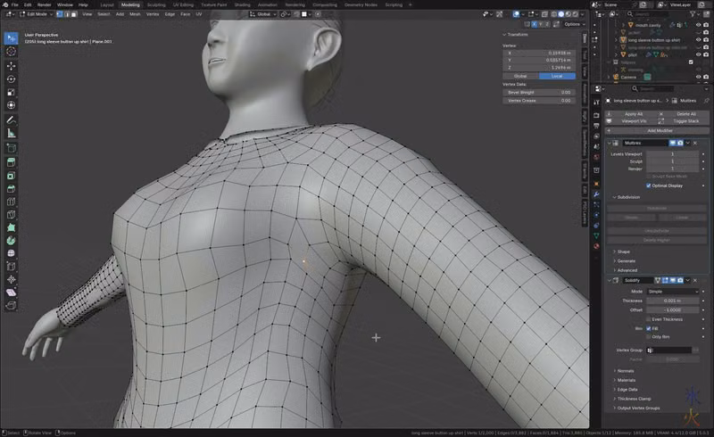 screenshot of tedium progress trying to fix shape of shirt in Blender