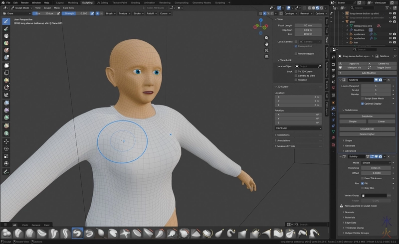 reshaping shirt in sculpt mode in Blender