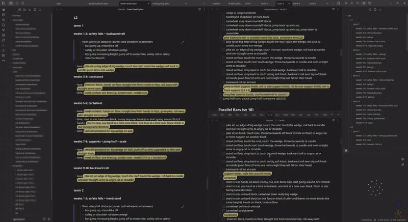 screenshot of Obsidian vault containing year outline for drill progressions