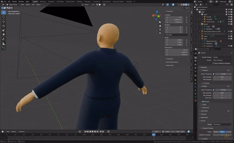 partially completed jacket modelled in Blender 5 back view