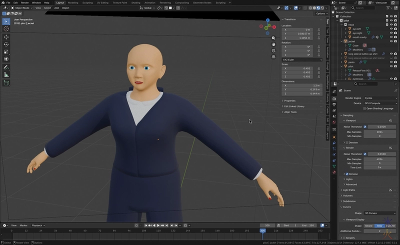 partially completed jacket modelled in Blender 5 front view partially completed jacket modelled in Blender 5 front view