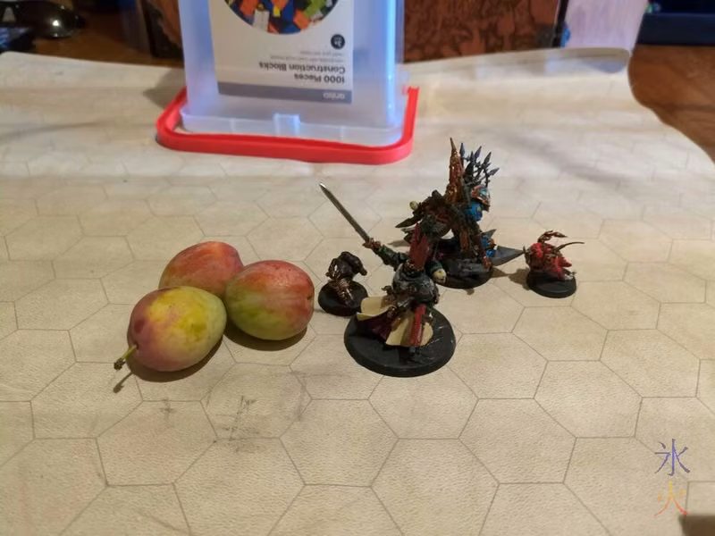 DnD party represented by Warhammer 40k models vs a giant purple pig represented by three plums
