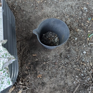 black bucket on dirt ground strewn with more gravel