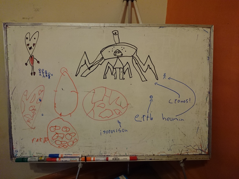 Alien designs on the whiteboard by 10yo and 8yo