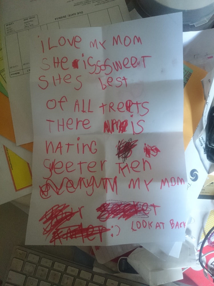 Poem written rather messily in red texta by 7yo