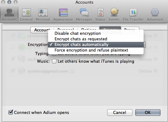 Setting Adium to encrypt chats
