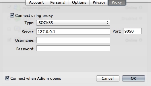 Setting up Adium to use Tor as a proxy