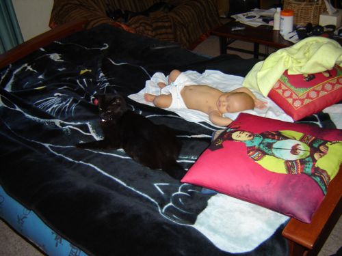 A baby and a cat occupy most of a futon in bed mode