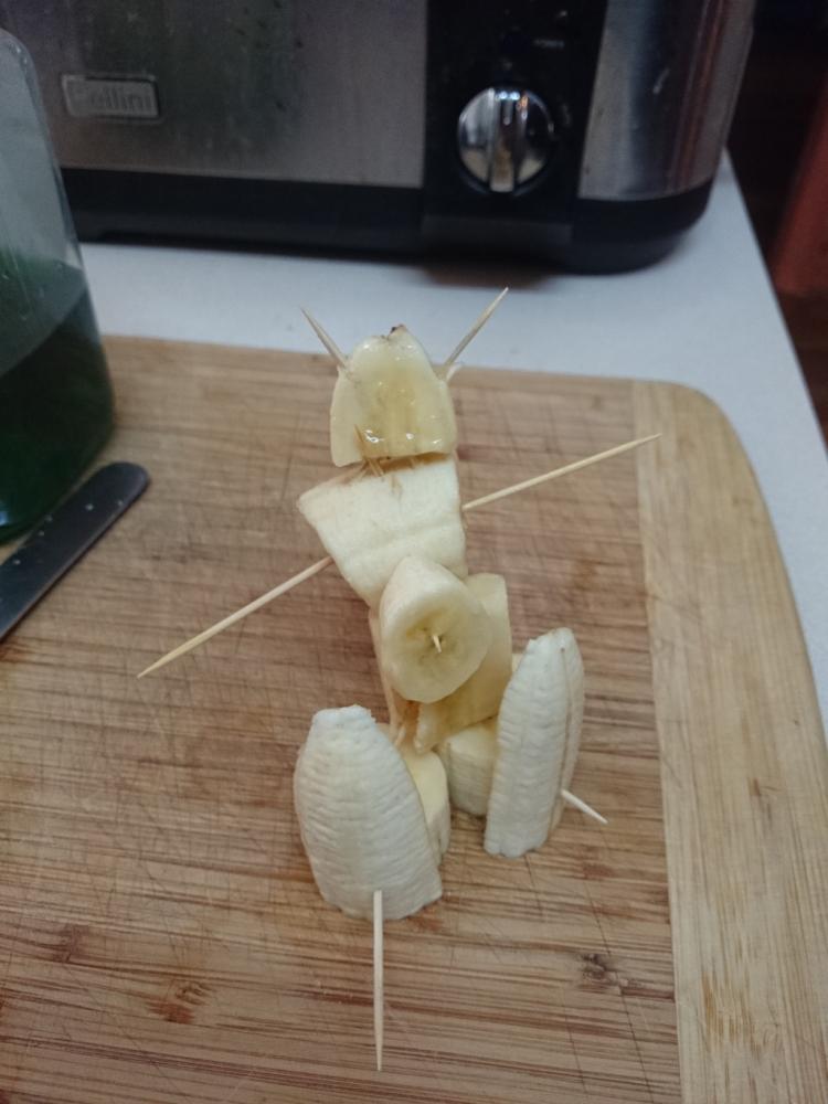 Banana and tooth pick sculpture made by 10yo