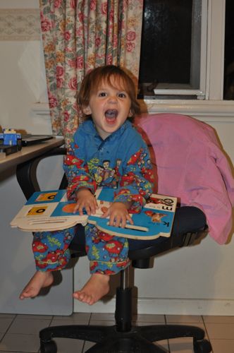 Happy toddler with a book