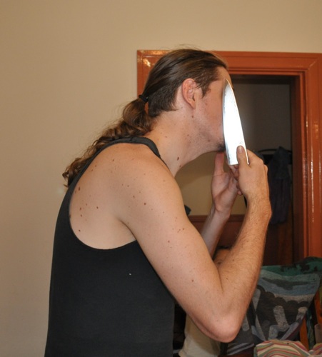 Josh shaving with one of the new kitchen knives