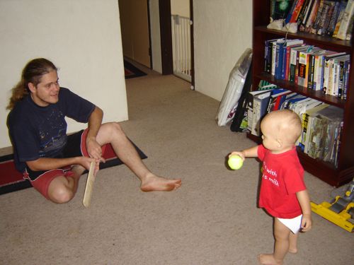 Josh and Tao the toddler playing cricket