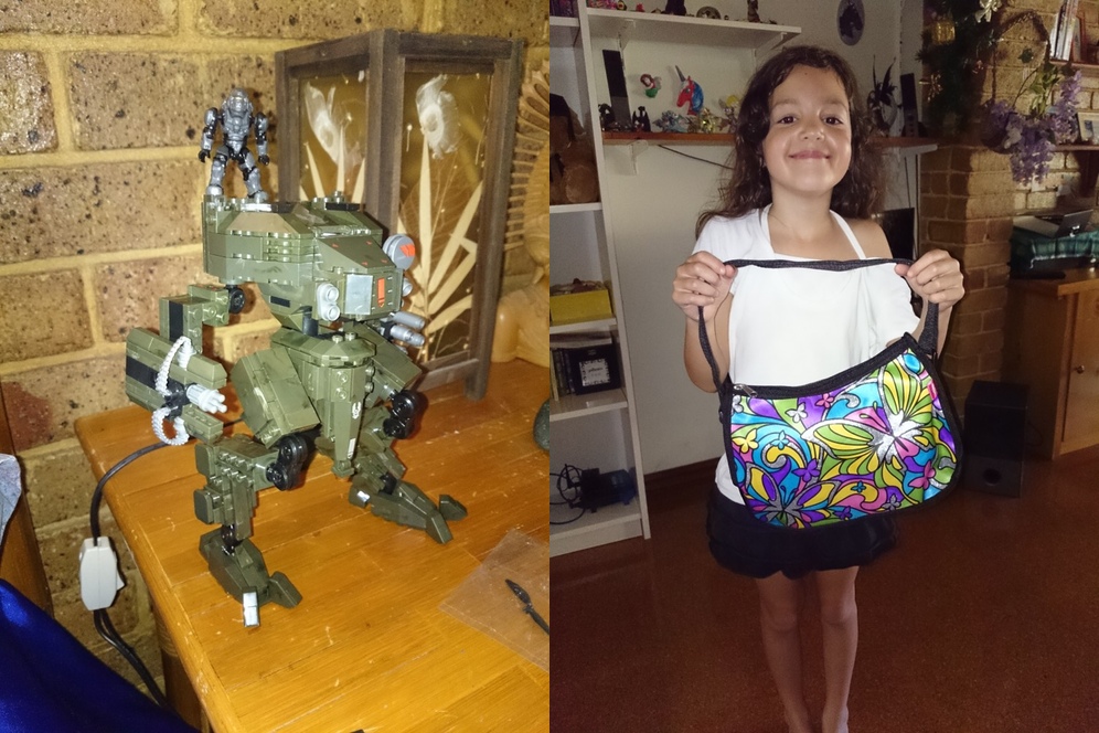 Lego Halo mecha thing built by 10yo and completed colouring in bag by 8yo