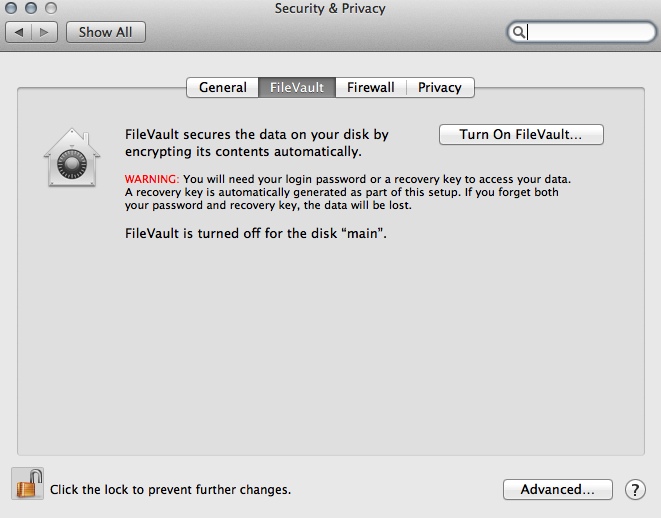 Turning on FileVault in OSX
