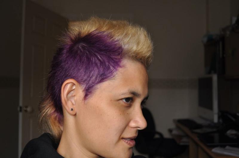 Purple hair with blonde mohawk