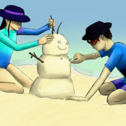 Taji and Rei building a sandman because it's summer in Australia