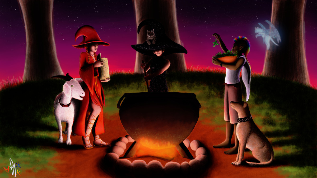 Three "witches" dressed in ridiculous anime getup with an oversized cauldron
