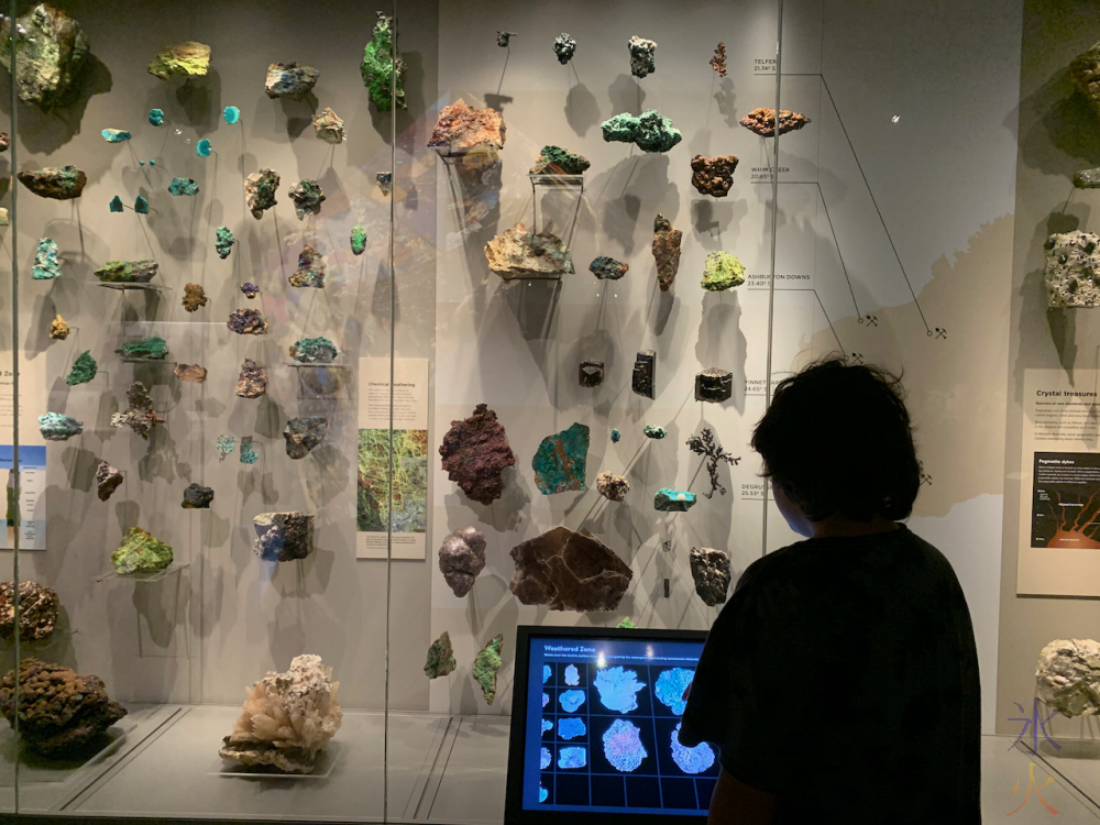 12yo studying gemstone display at Boola Bardip Museum, Perth, Western Australia