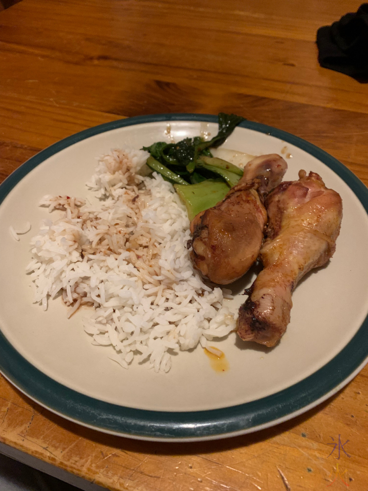 rice, chicken and buk chui cooked by 12yo