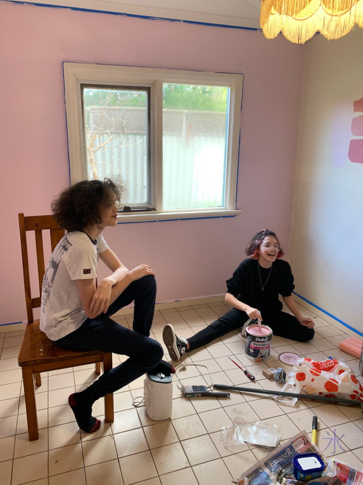 16yo and 14yo hanging out between painting