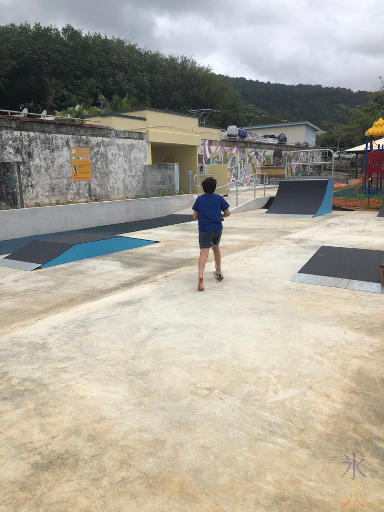 12yo very dangerously (with no shoes) trying out the skate park on Christmas Island