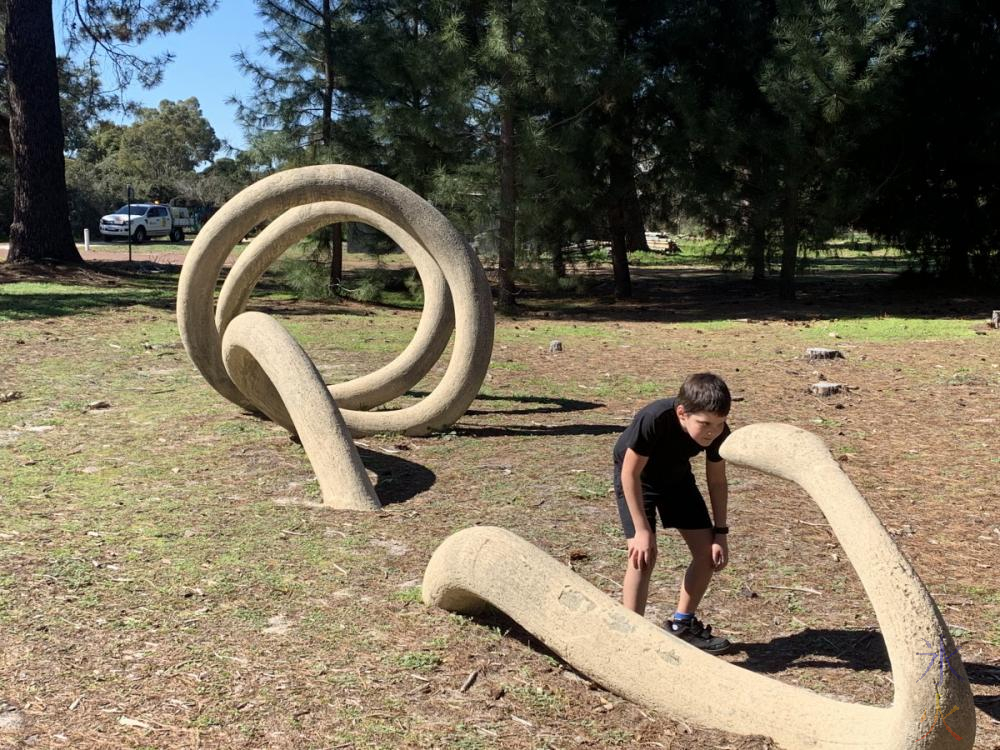 10yo checking out snake sculpture at Piney Lakes Reserve, Bateman, Western Australia