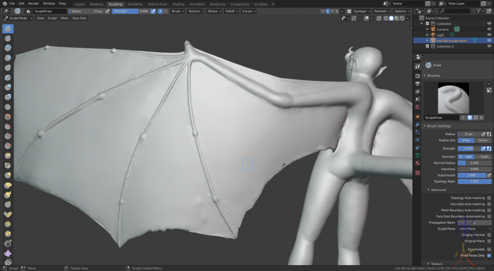 Blender 2.8 sculpt mode trying to fix wing fingers