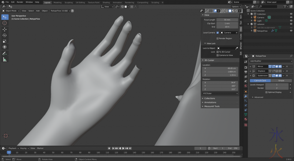 retopo hand in object mode with subdivision surfaces on, Blender 2.9