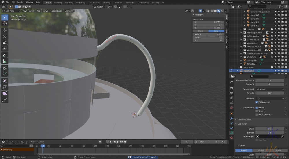 bezier support pillar at the top of Acaedia, Blender 2.92