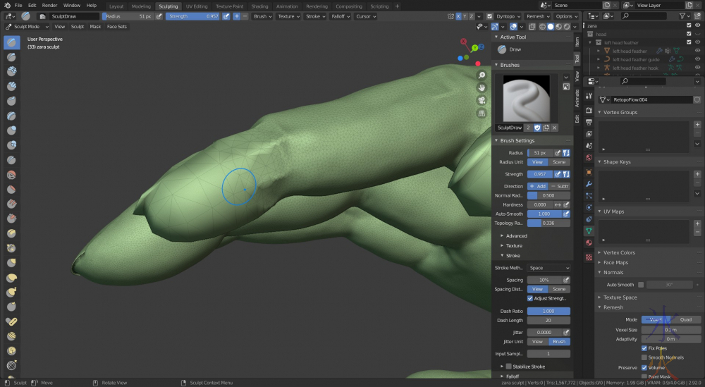 closeup of fingers being sculpted in Blender 2.92