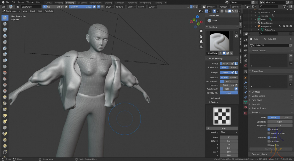 roughing out a jacket in sculpt mode in Blender 2.93.4
