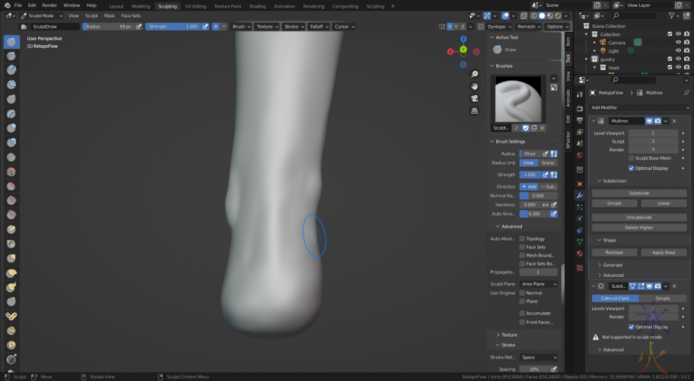 sculpting back of foot in Blender 3.0.1