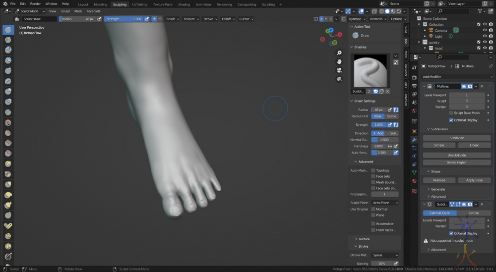 sculpting foot in Blender 3