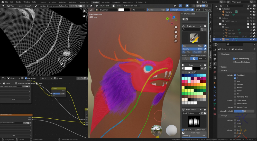 progress on texture painting rainbow dragon tattoo in Blender 3.1.2