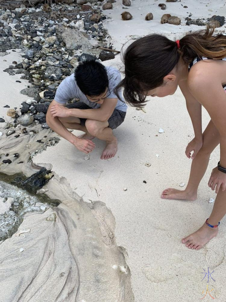 cousin and 12yo finding hermit crabs at Dolly Beach, Christmas Island